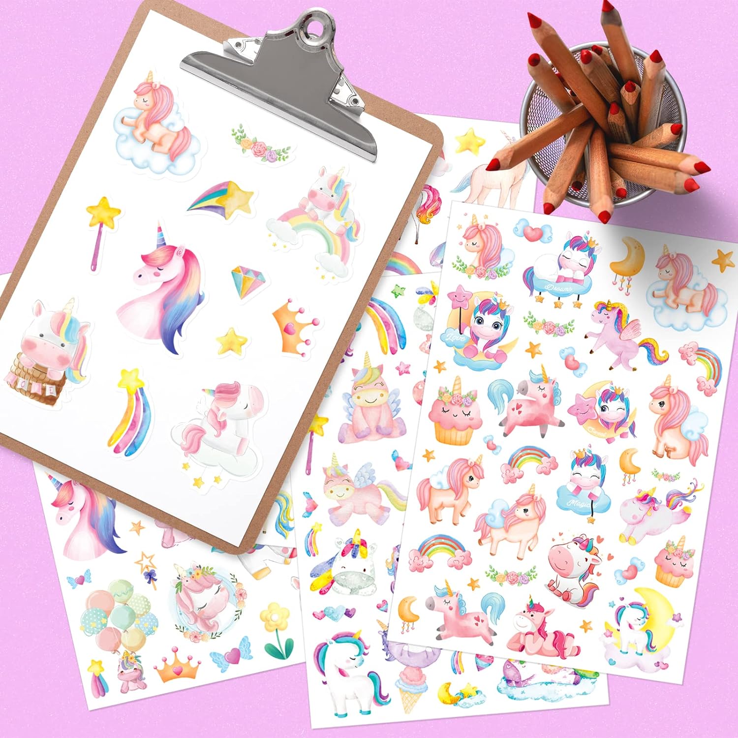 Cute Pink Unicorn Adhesive Stickers Rainbow Magical Star Unicorn Stickers for Girls Toddlers Birthday Invitations Envelopes Decorations 