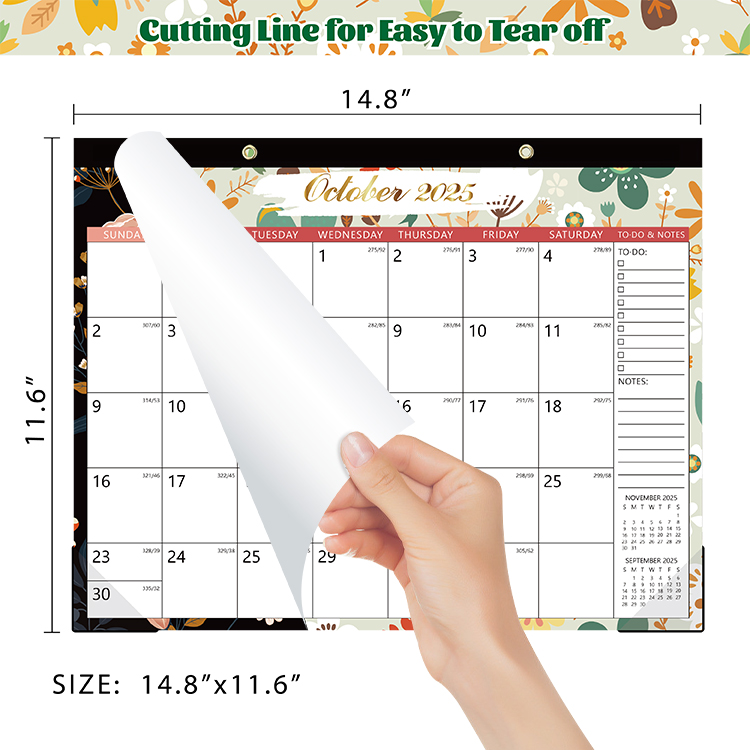 Floral Design Monthly Wall Calendar from Jul. 2025 - Dec. 2026 with Corner Protectors & Large Ruled Blocks