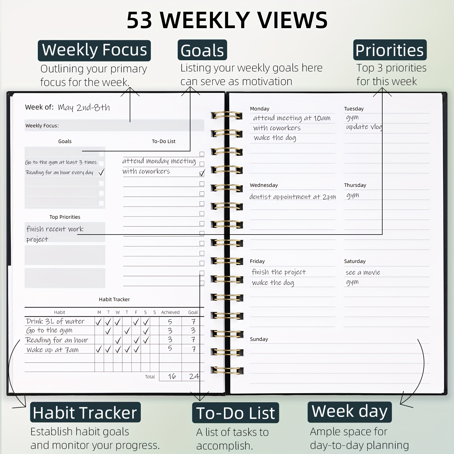 Spiral-Bound Undated Weekly & Monthly Planner 53 Week Agenda Journal Productivity Enhancing Stationery for Office Use