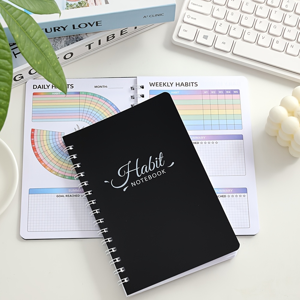 Black A5 Habit Notebook with PVC Cover Undated Daily, Weekly, Monthly Planner for Effective Goal Setting and Achievement