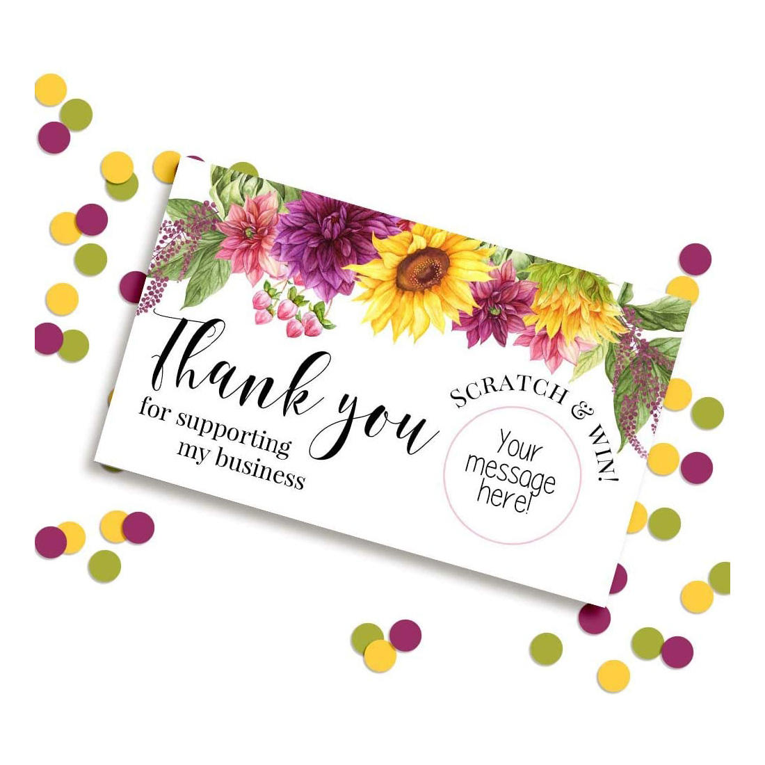 Sunflowers Floral Scratch Off Single Sided Insert Card Printing with Stickers for Small Businesses