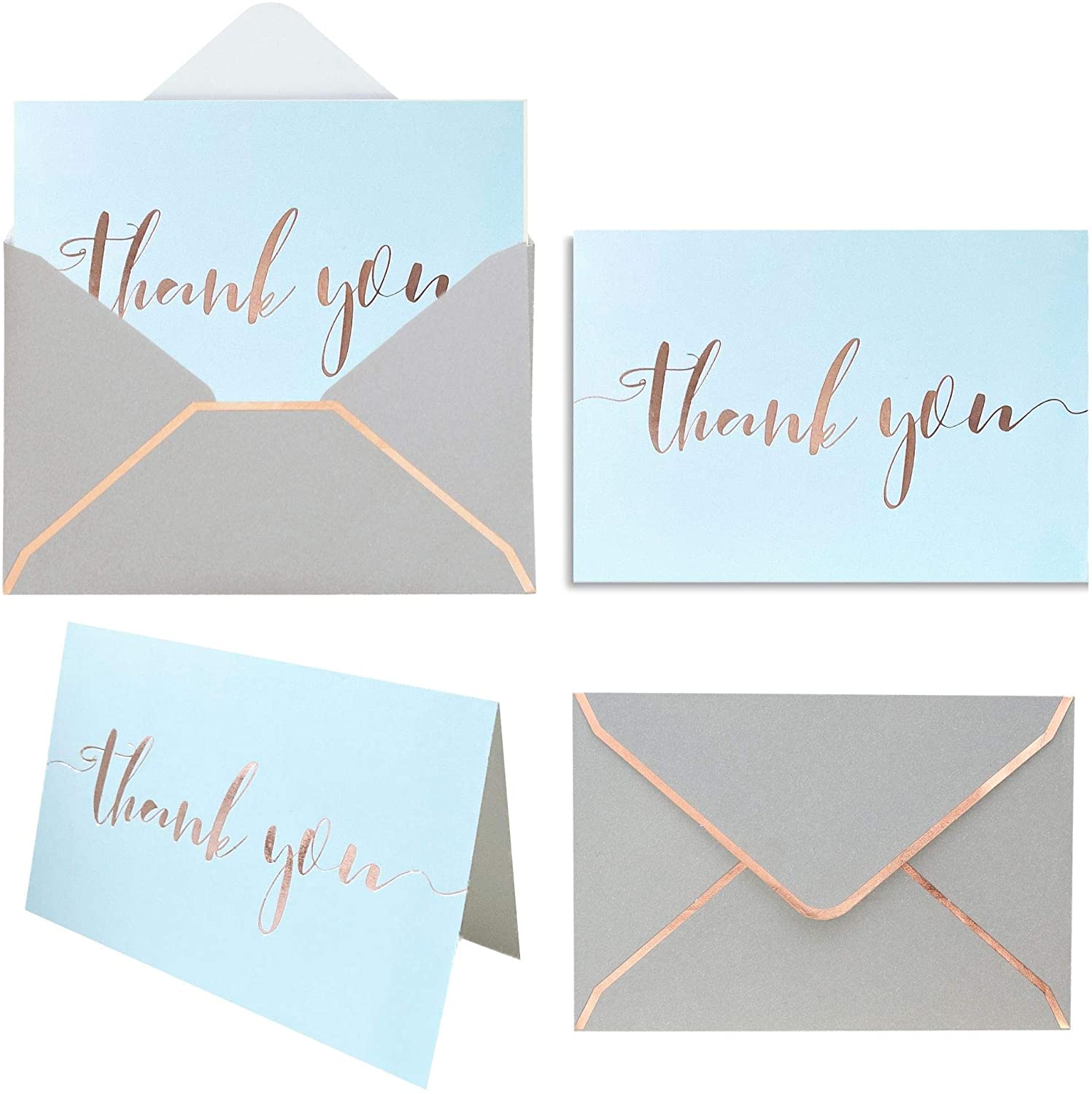 Blue Thank You Cards with Envelopes Custom Luxury Rose Gold Foil