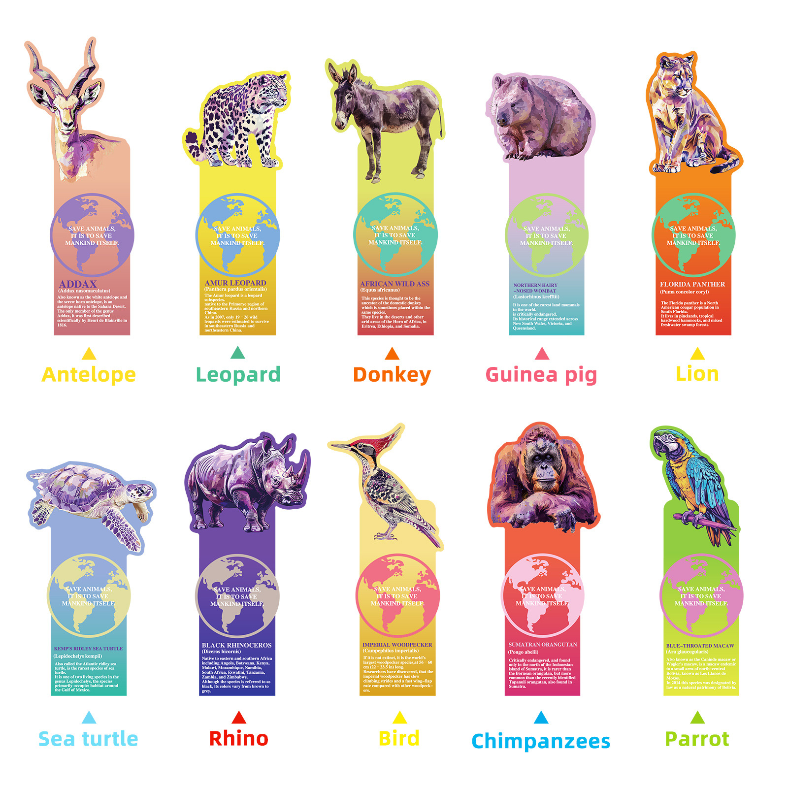 Custom Printing Vivid Cute Colorful Book Mark Inspirational Save Animal Bulk Bookmarks for Kids