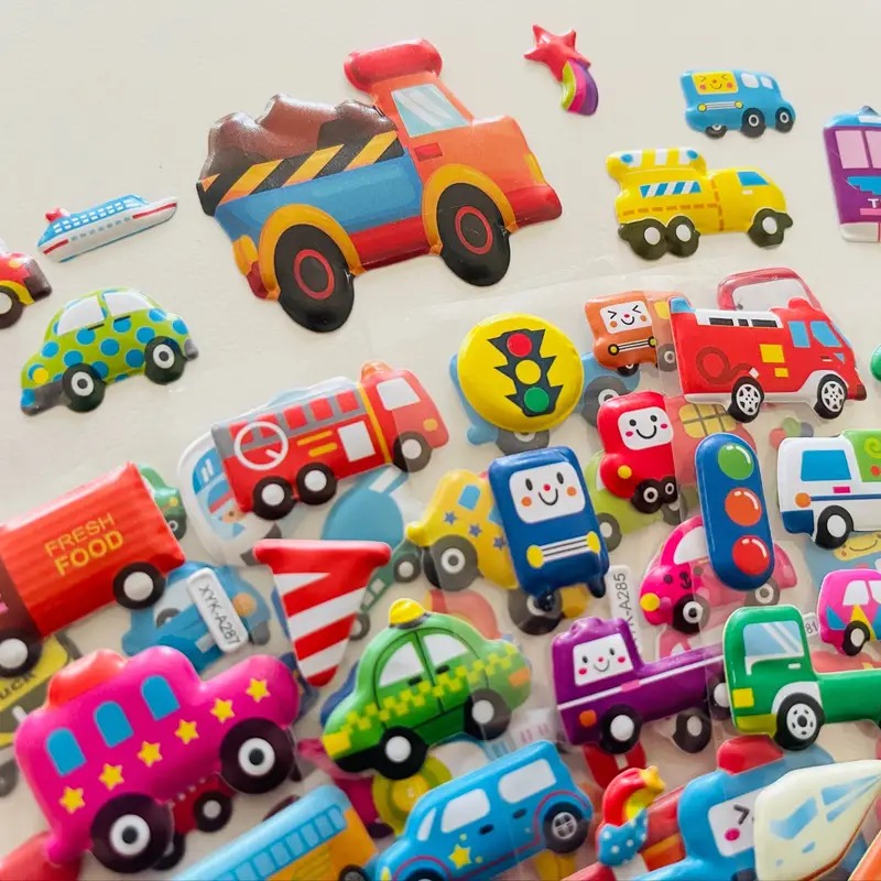 Self-Adhesive 3D Puffy Vehicle Stickers Reusable Construction Tractor Bus Taxi Fire Truck Car Stickers for Kids Toddlers Boy