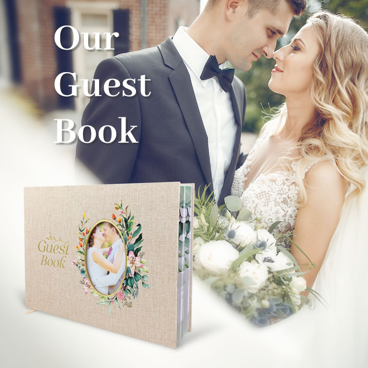 Elegant Gold Foil And Window Pocket Linen Cover Wedding Guest Book with Gold Crystal Diamond Pen And Table Sign for Party