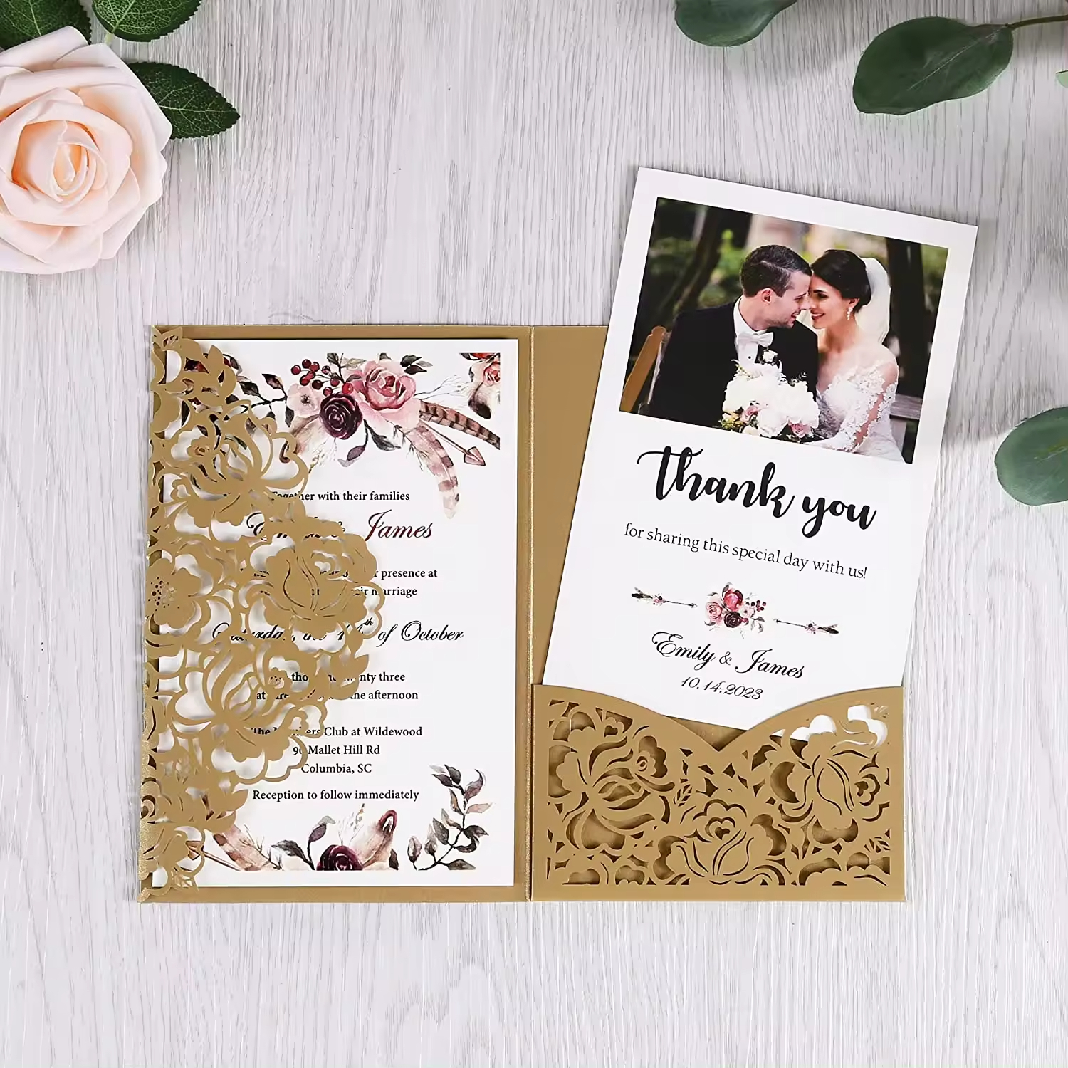 Blank Brown Gold Wedding Invitations Kits Laser Cut Wedding Invitation with Envelopes