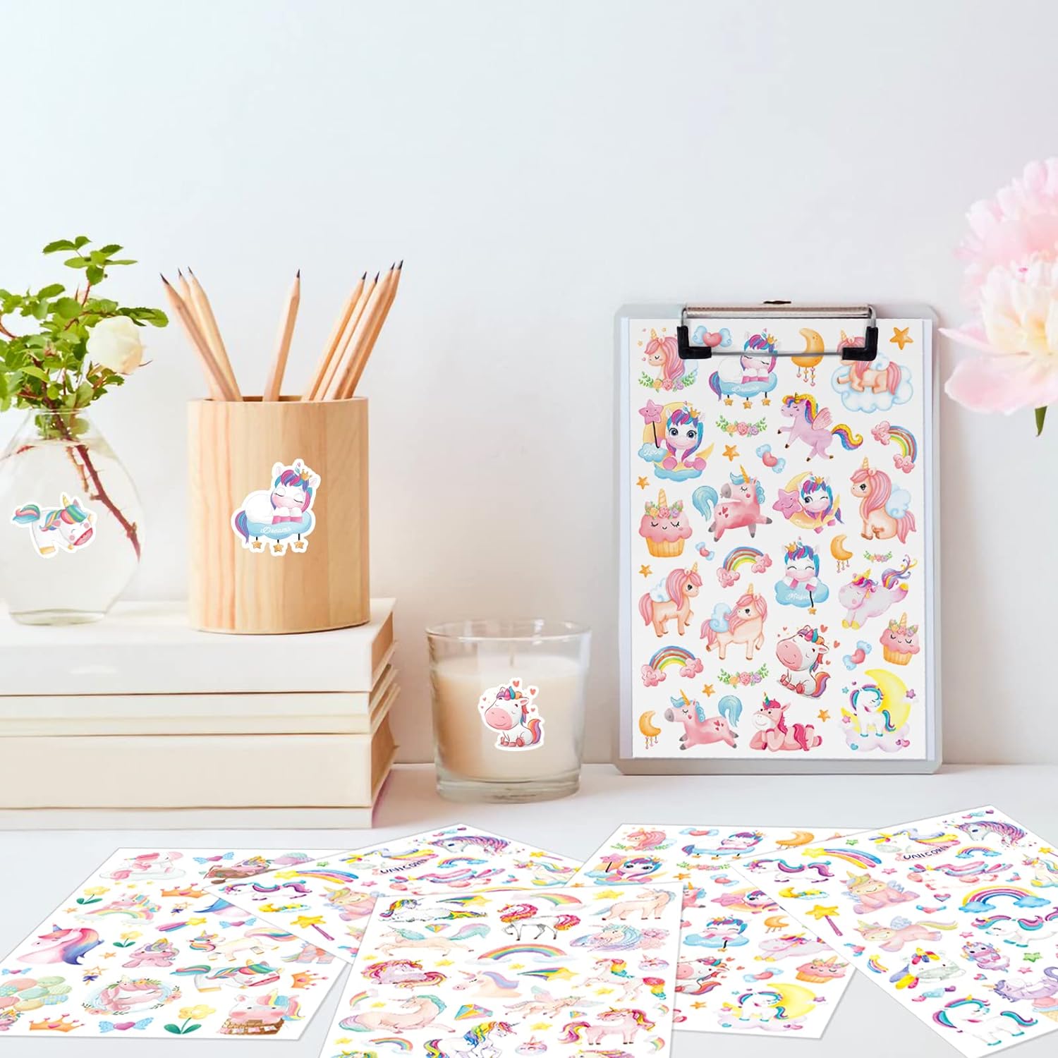 Cute Pink Unicorn Adhesive Stickers Rainbow Magical Star Unicorn Stickers for Girls Toddlers Birthday Invitations Envelopes Decorations 