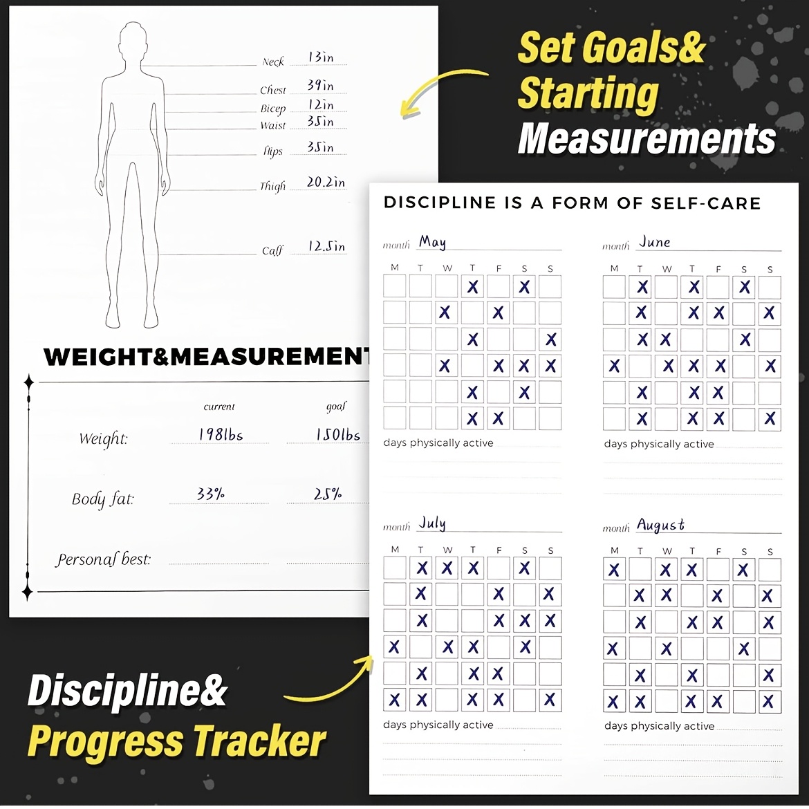 Spiral Bound Black Paper Log Durable Fitness Journal & Workout Planner for Men & Women's Gym And Home Exercise Tracking