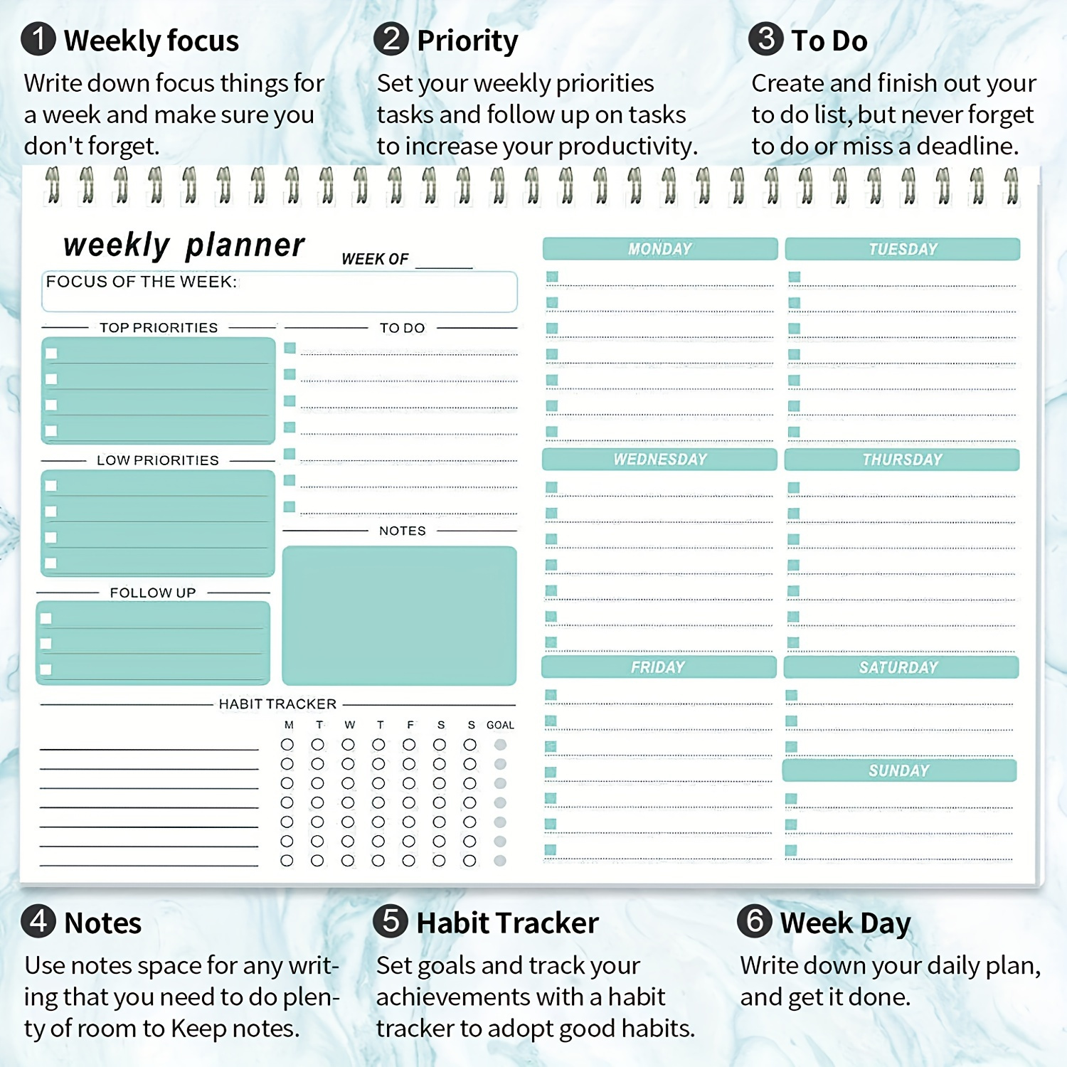 Weekly Habit Tracker Notepad 52 Week Goal Setting Health Habits & To-Do List - Focus & Habit Tracker