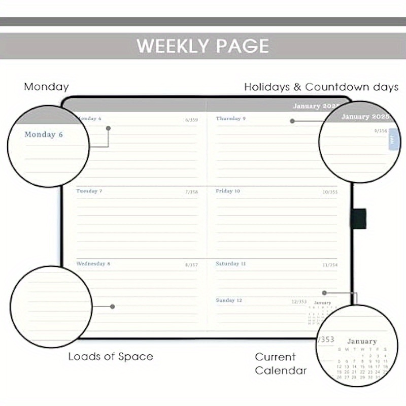 Jan - Dec 2025 Weekly Monthly Pocket Planner Calendar with Pen Loop, Back Pocket & Elastic Closure