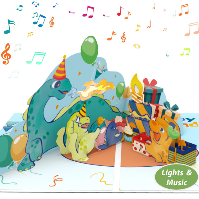 3D Pop Up Birthday Greeting Cards with Colorful LED Light & Blowout Candle & Birthday Music Dinosaur Musical Birthday Cards