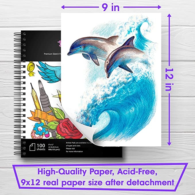 9x12" Premium Hard Cover Sketch Book Set Spiral Bound Kids Sketchbook Acid-Free Drawing Paper Watercolour Sketchbooks 