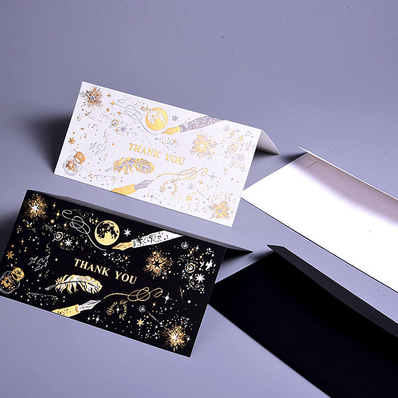 Bi-color Foil Stamped Folded Greeting Card Eco Friendly Recycled Paper Black White Wedding Thank You Cards with Envelope