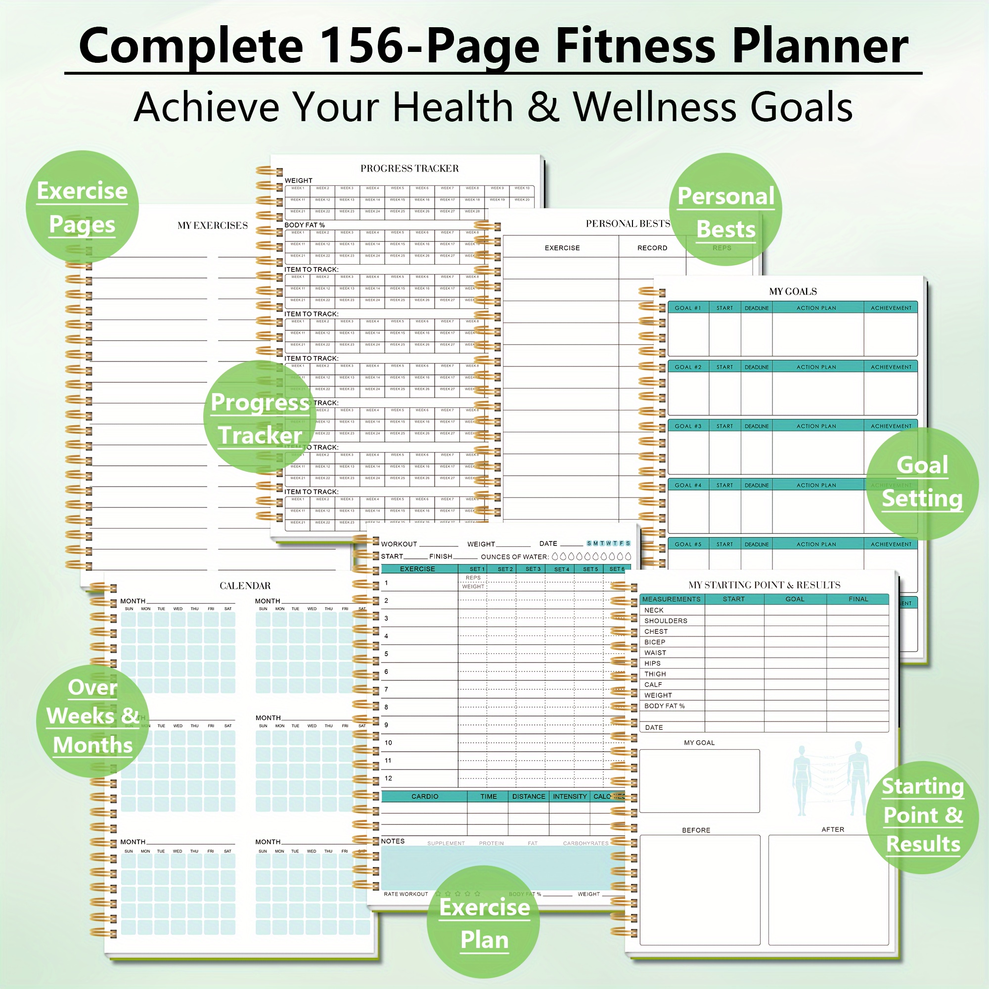 Spiral-Bound Laminated Cover A5 Spiral-Bound Fitness Planner Workout Journal Wellness Journal Notebook for Tracking Fitness