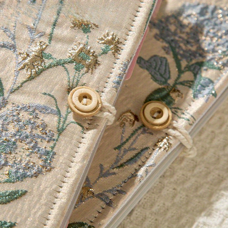 Vintage Flower Fabric Embroidery Floral Cover Loose-Leaf Notebook with Detachable Pages & Elegant Buttons