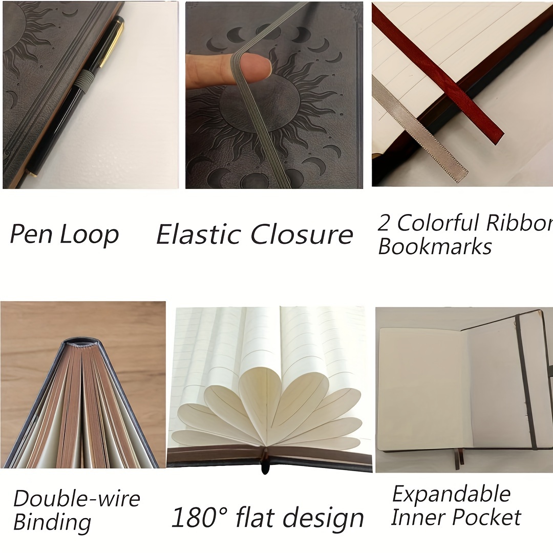 180° Lay Flat 360-Page A5 Hardcover Journal Notebook with Embossed Faux Leather Cover Pen Loop Elastic Closure Expandable Pocket