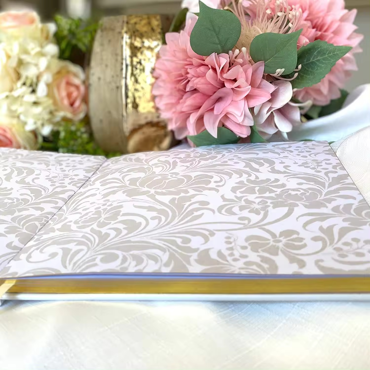 Hard Cover Gold Foil Gilded Edges Thick White Paper Photo Album Memory Sign in Wedding Guest Book with Pen