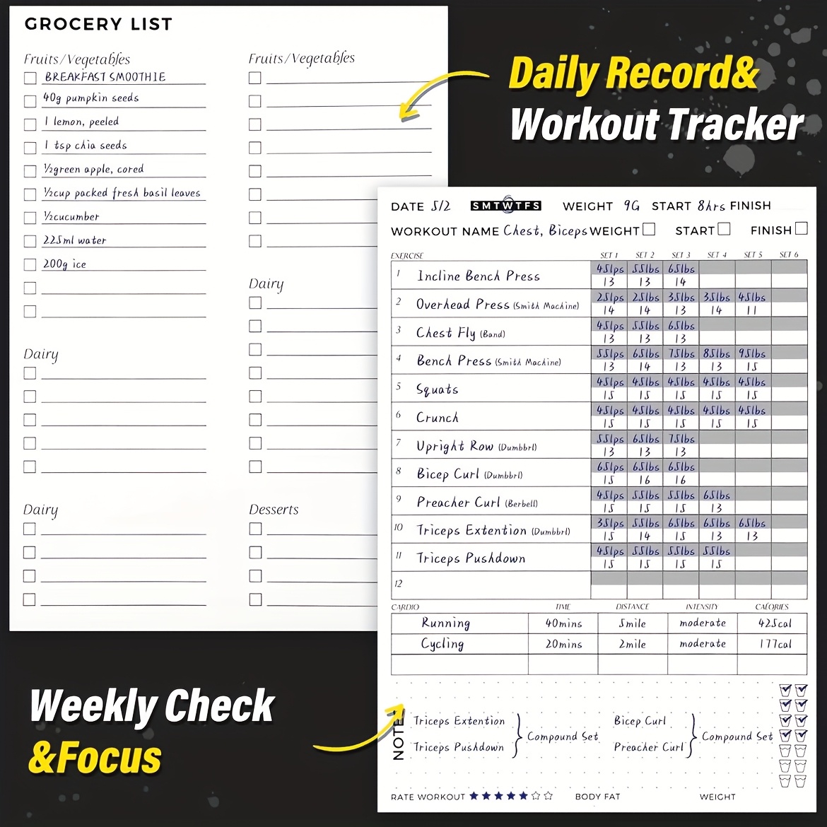 Spiral Bound Black Paper Log Durable Fitness Journal & Workout Planner for Men & Women's Gym And Home Exercise Tracking