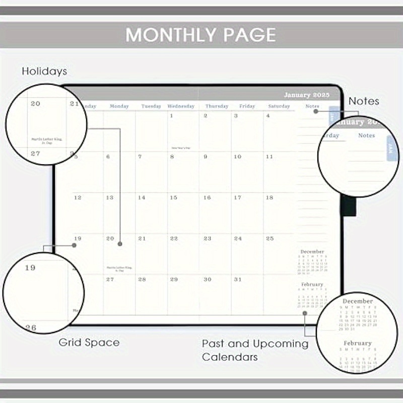 Jan - Dec 2025 Weekly Monthly Pocket Planner Calendar with Pen Loop, Back Pocket & Elastic Closure