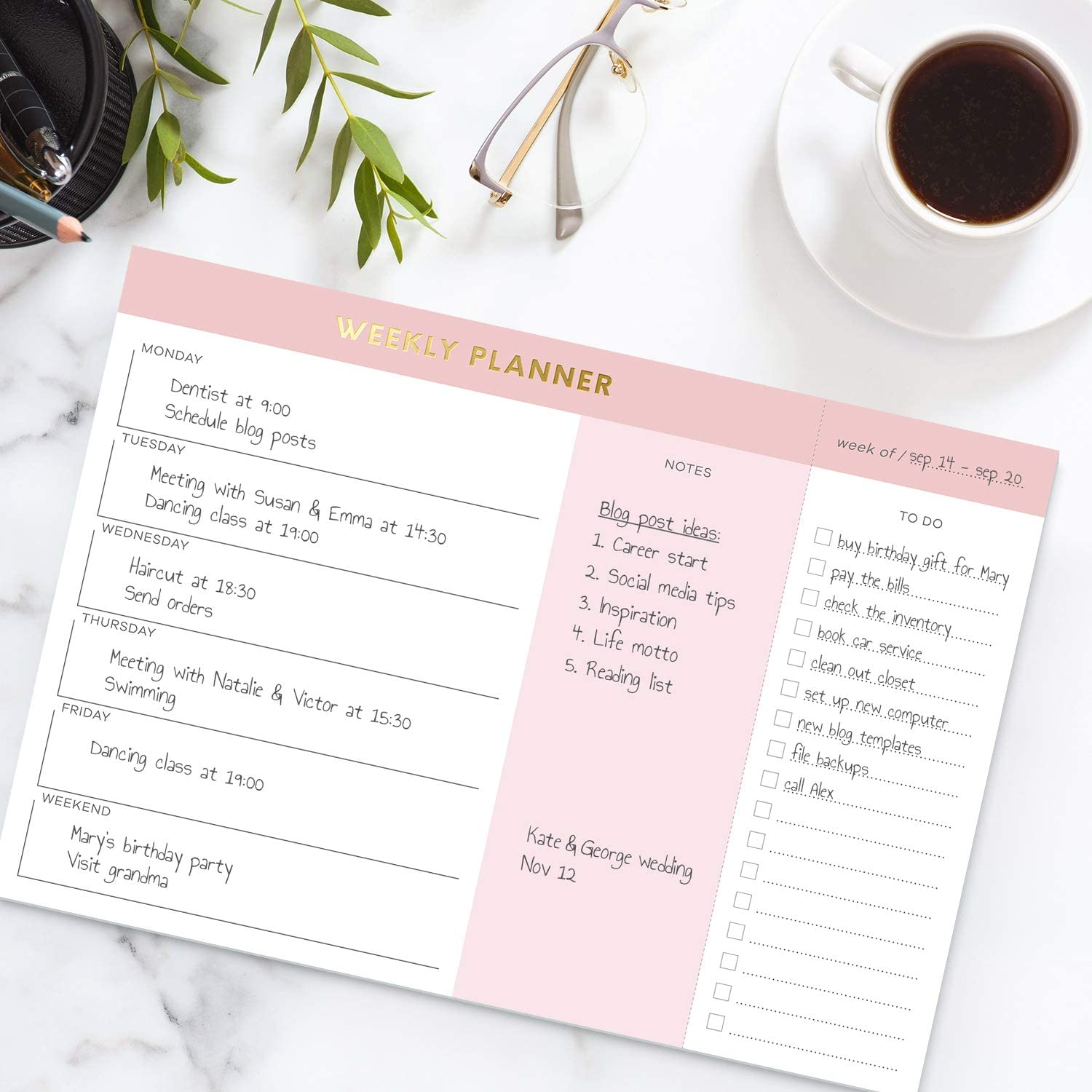 2021 Pink Gold 7''*10'' Size Weekly Planner Pad with Tear Off To Do List Custom Notepad Checklist Note Pad 
