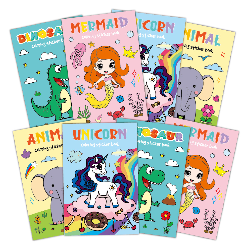 Coloring Sticker Book with Dinosaur Unicorn Mermaid Animal Theme DIY Sticker Book Gift for Kids