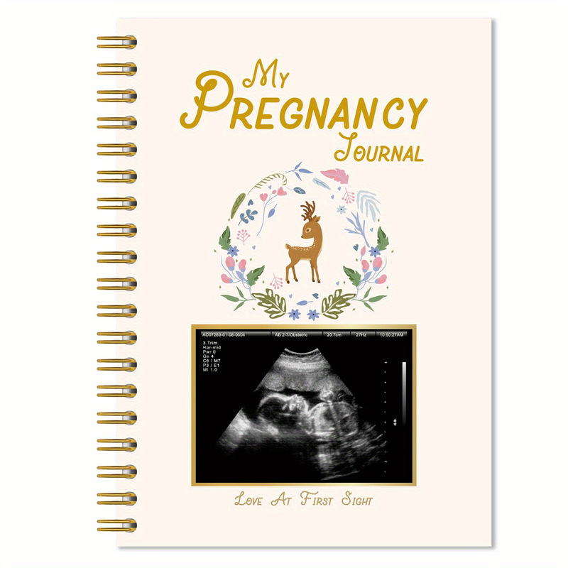Spiral Bound Pregnancy Journal with Floral Design Golden Foil Cover Ultrasound Photo Slot Memory Diary Gift For New Moms