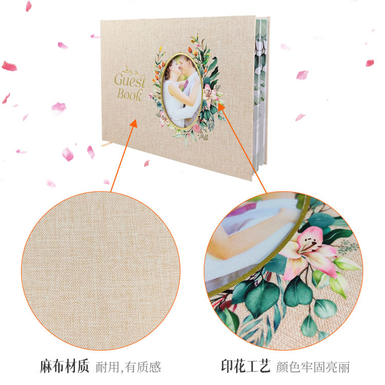 Elegant Gold Foil And Window Pocket Linen Cover Wedding Guest Book with Gold Crystal Diamond Pen And Table Sign for Party